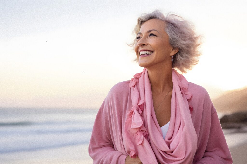 Older woman smiling on the beach and wearing pink as a symbol for breast cancer awareness month.