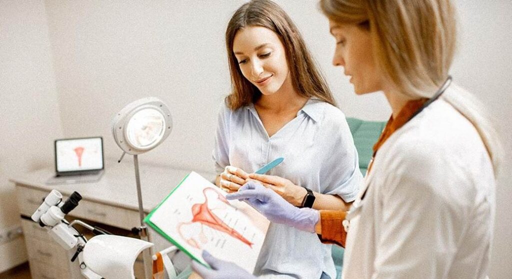 Gynécologue montrant un schéma de l'utérus à une patiente et lui expliquant les caractéristiques de la santé féminine lors d'une consultation médicale.